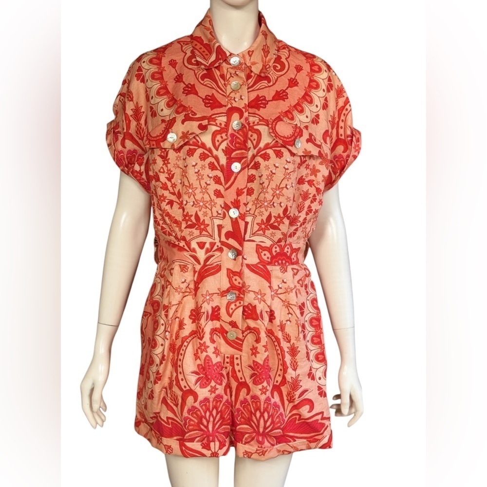 Farm Rio Jaipur Floral Paisley Linen Romper Size Medium - Picture 2 of 15